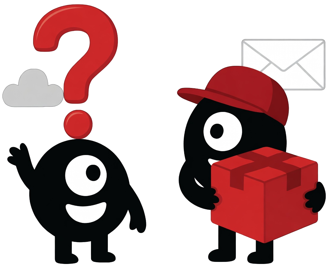 Ilustración animada de dos personajes. Uno está cargando una caja y el otro tiene un signo de interrogación en la cabeza.